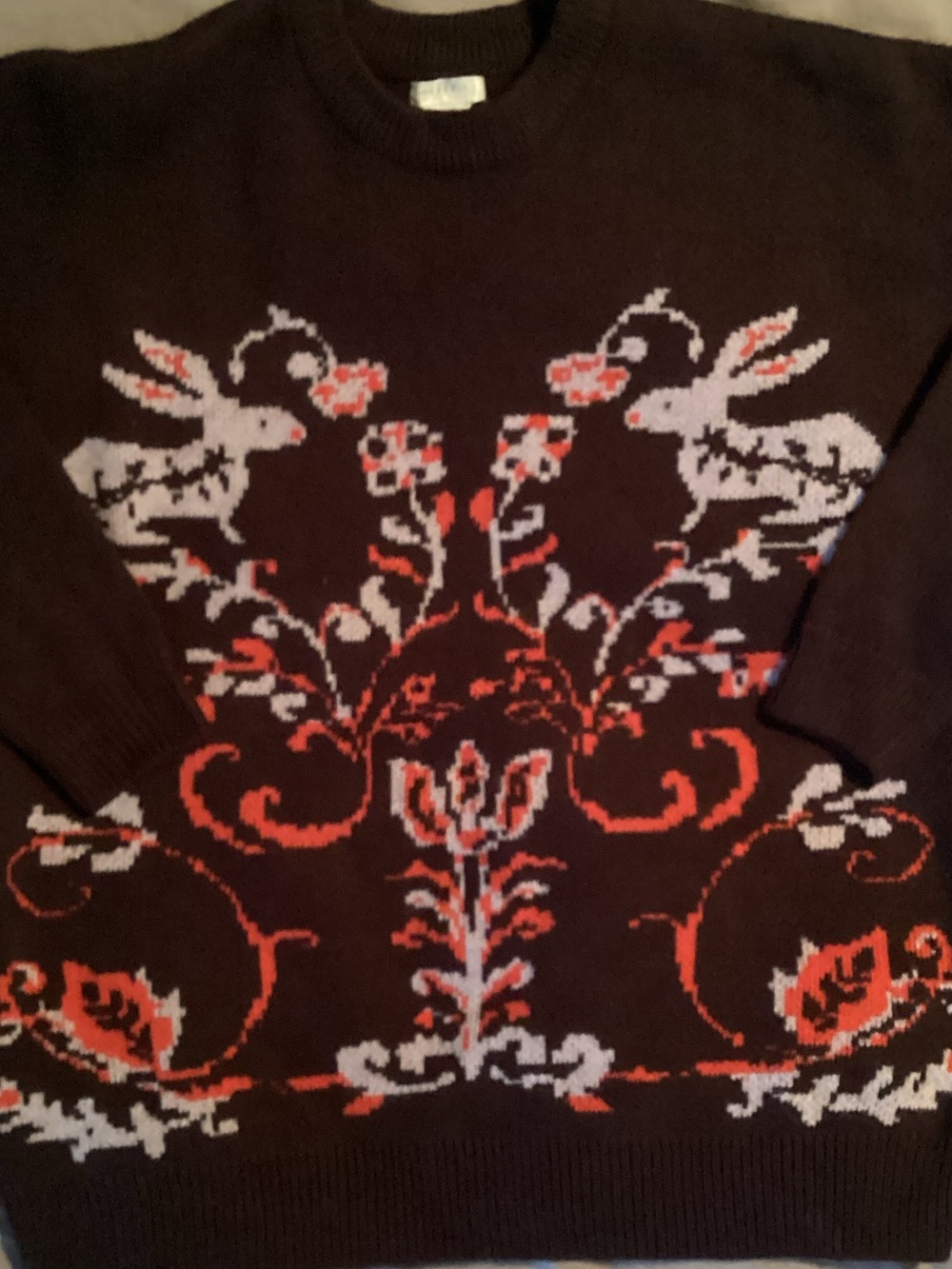 Cooperative Brown Crewneck Sweater with Orange & Light Gray Folk Motif